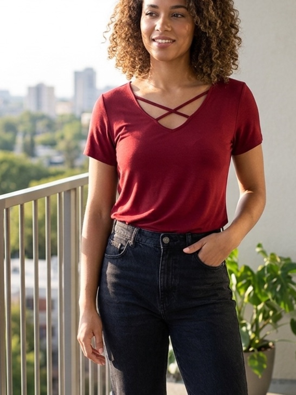 Women's Crisscross V-Neck Short Sleeve Top - Burgundy